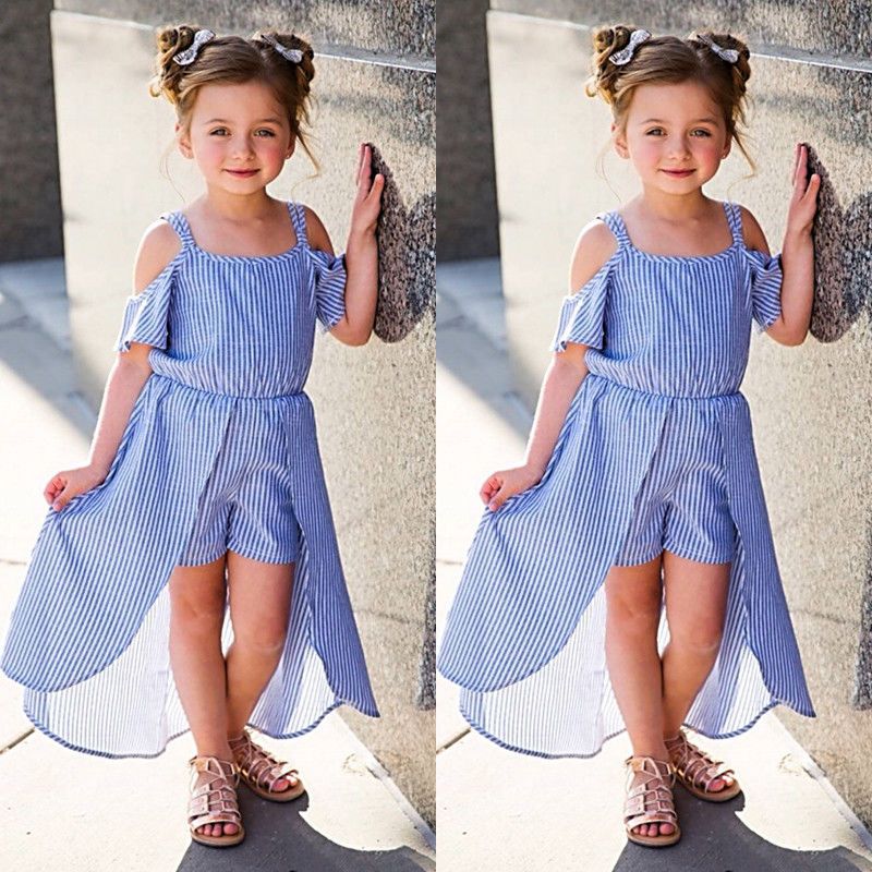 Casual Little Baby Girls Off Shoulder Stripe Belt Thin Princess Dresses