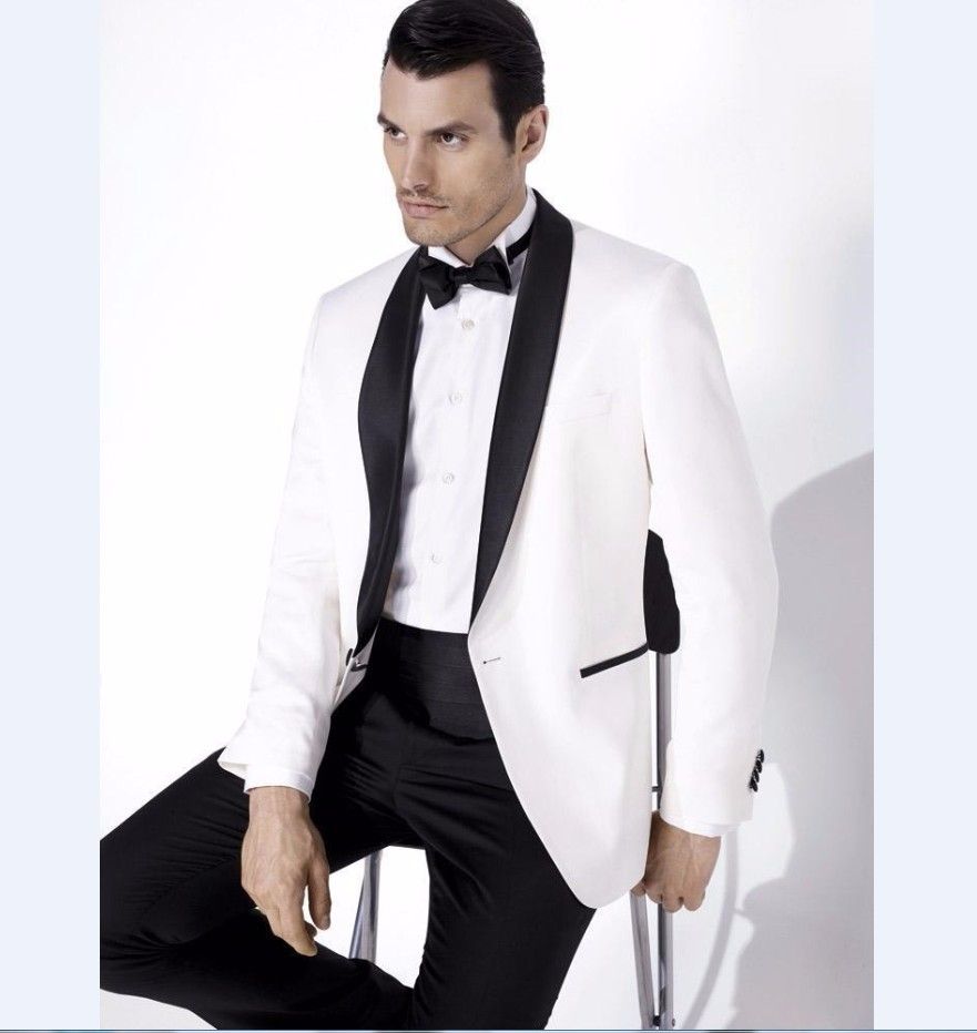 2019 encargo blanco Satén negro de solapa Tuxedos trajes de para hombre