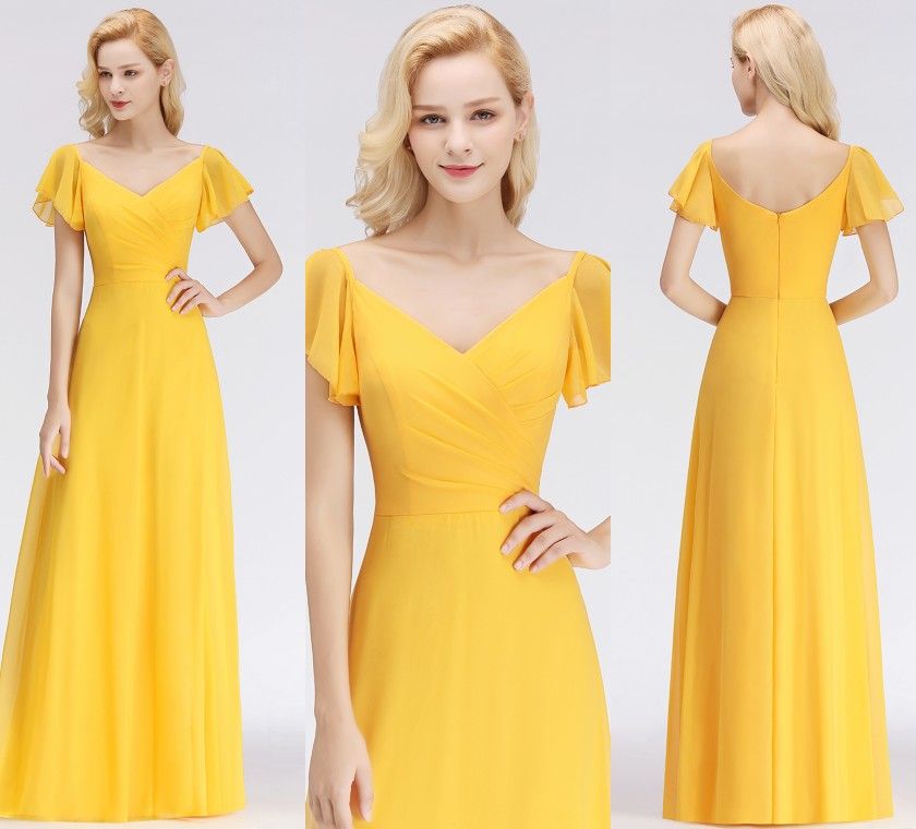 2018 vestidos de damas gasa amarilla para bodas campestres una línea cuello