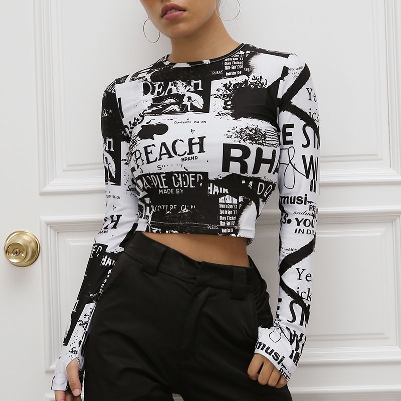 long sleeve crop top graphic tee