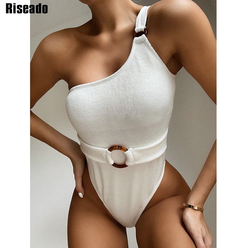 one shoulder white bathing suit