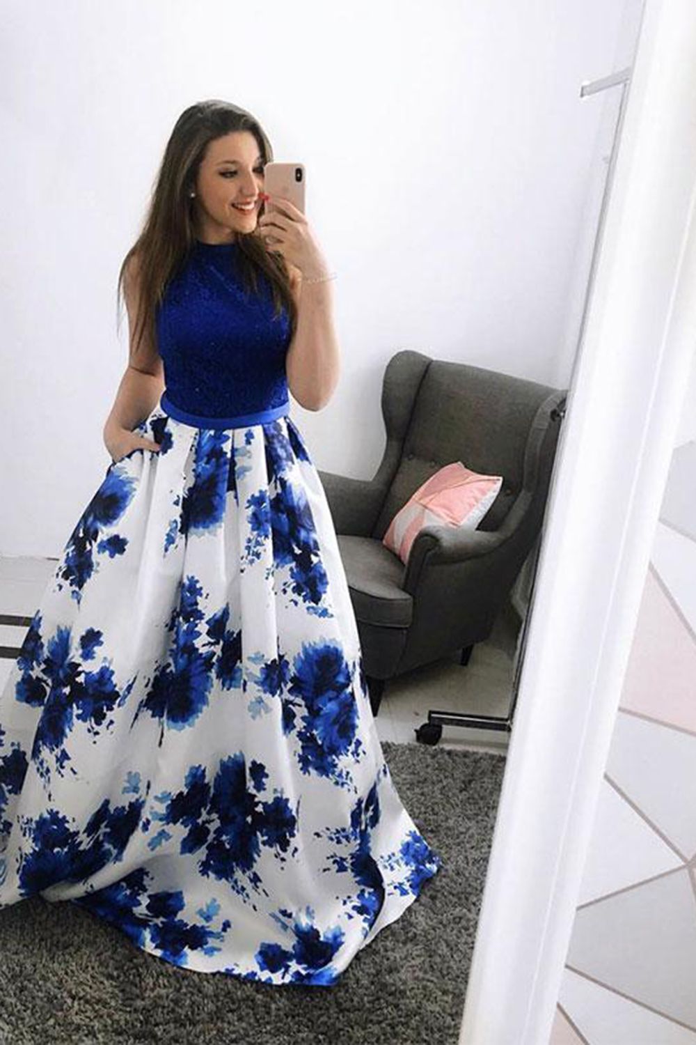Royal Blue Floral Print A Line Party 