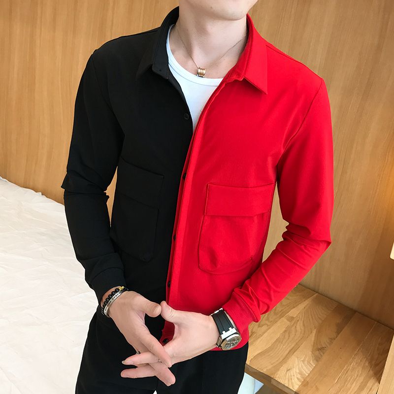 Half Black Half Red Jacket Fashion Designer Button Jacket Contrast