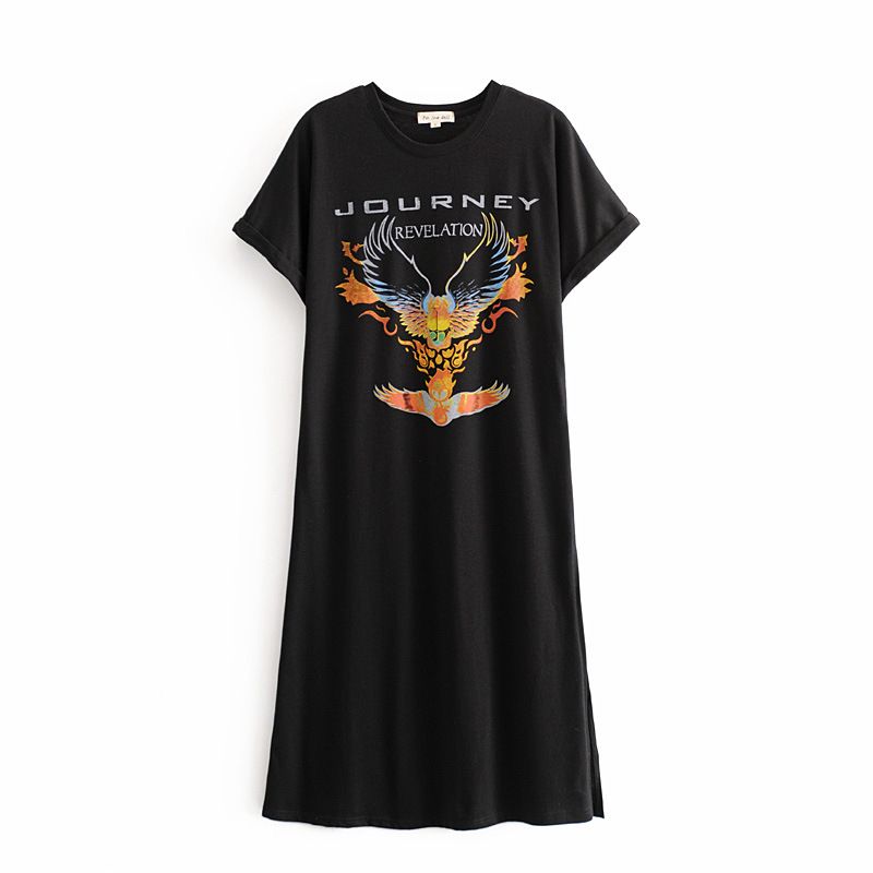 Donna cotone magliette lunghe nero stampato Maglietta 2020 nuova estate di modo casuale T-shirt Streetwear Tees Top manica corta T Shirt Dress