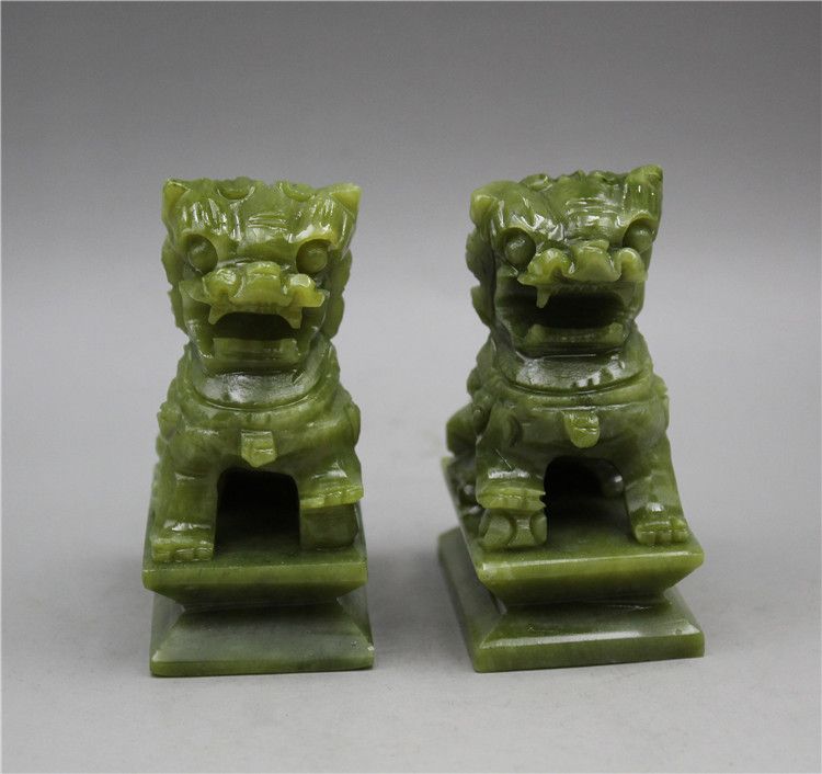 1 paire jade vert de chine fengshui foo fu chien garde porte lion