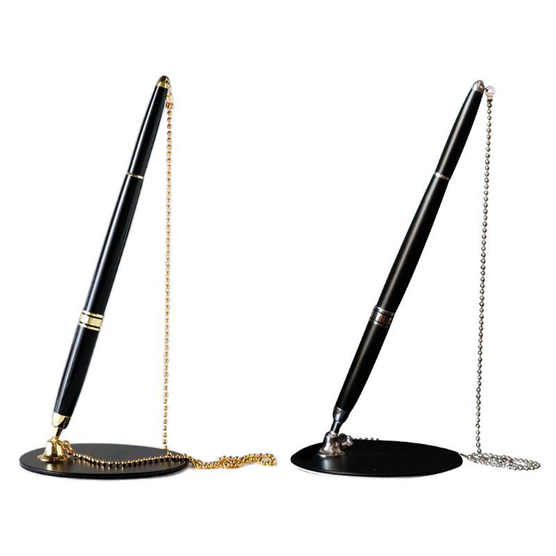 Classic Metal Ballpoint Pen Secure Chain Attached Base Stand Desk