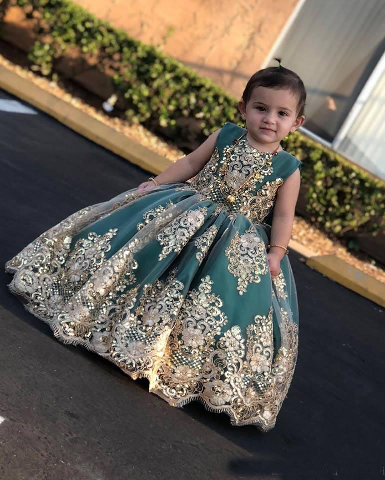 2019 Bonito vestido de florecita para niñas pequeñas con apliques dorados  Vestido largo de fiesta para