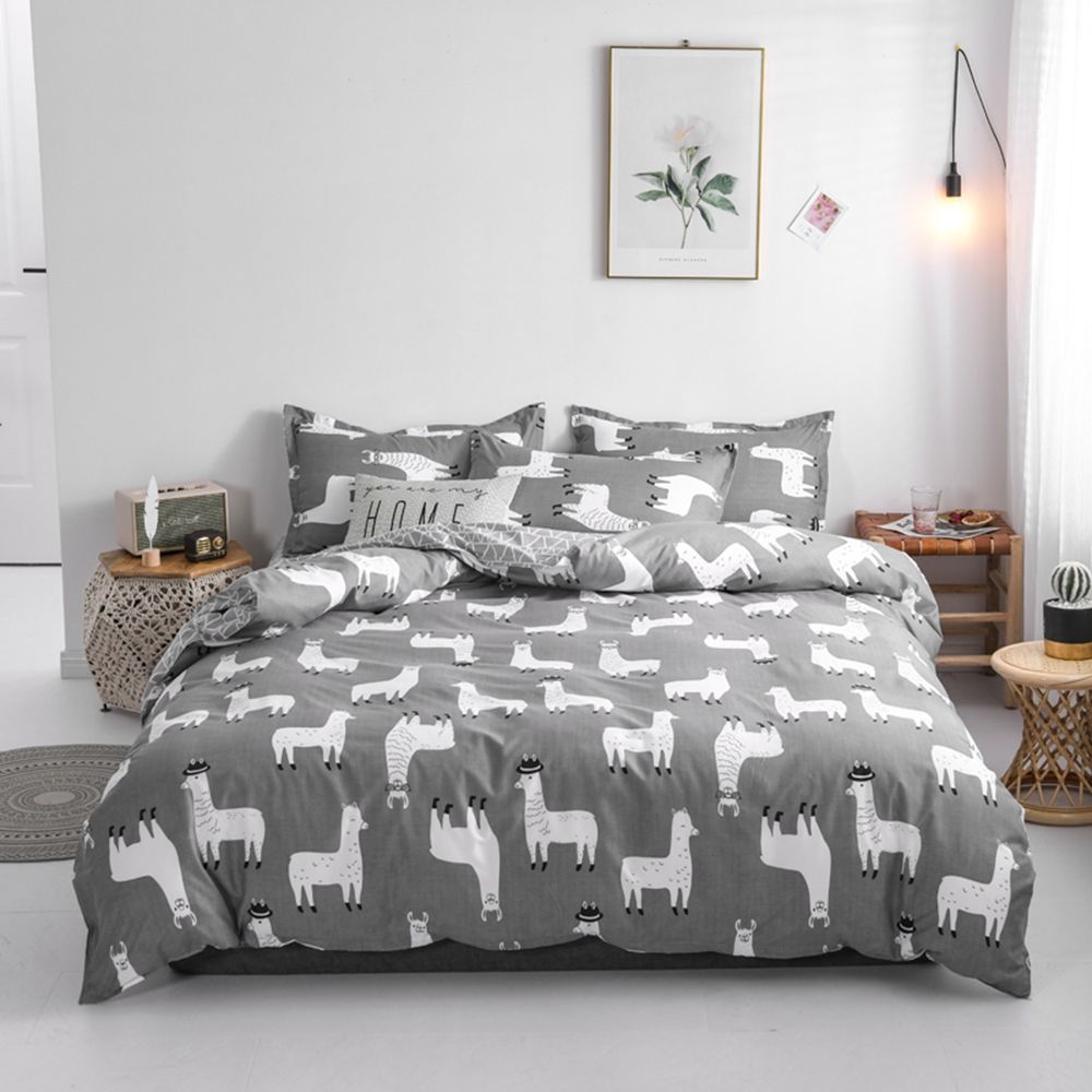 Alpaca Bedding Set Cartoon Duvet Cover Grey Color Bed Linen Single