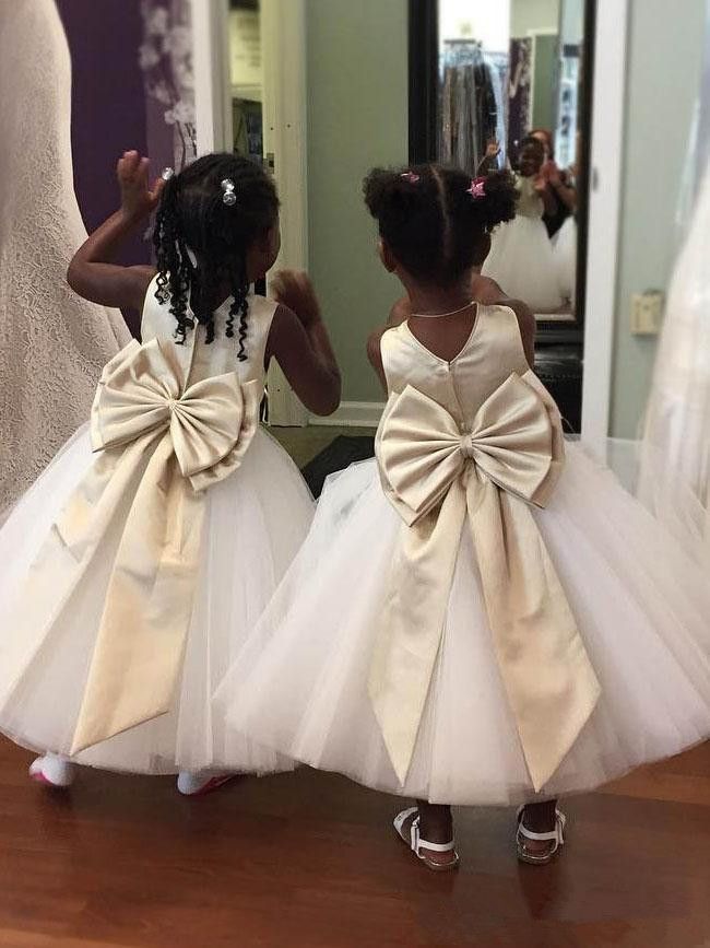 champagne and white flower girl dresses