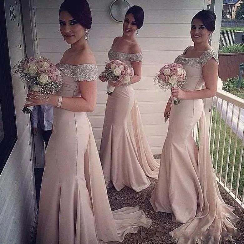 blush off the shoulder bridesmaid dress