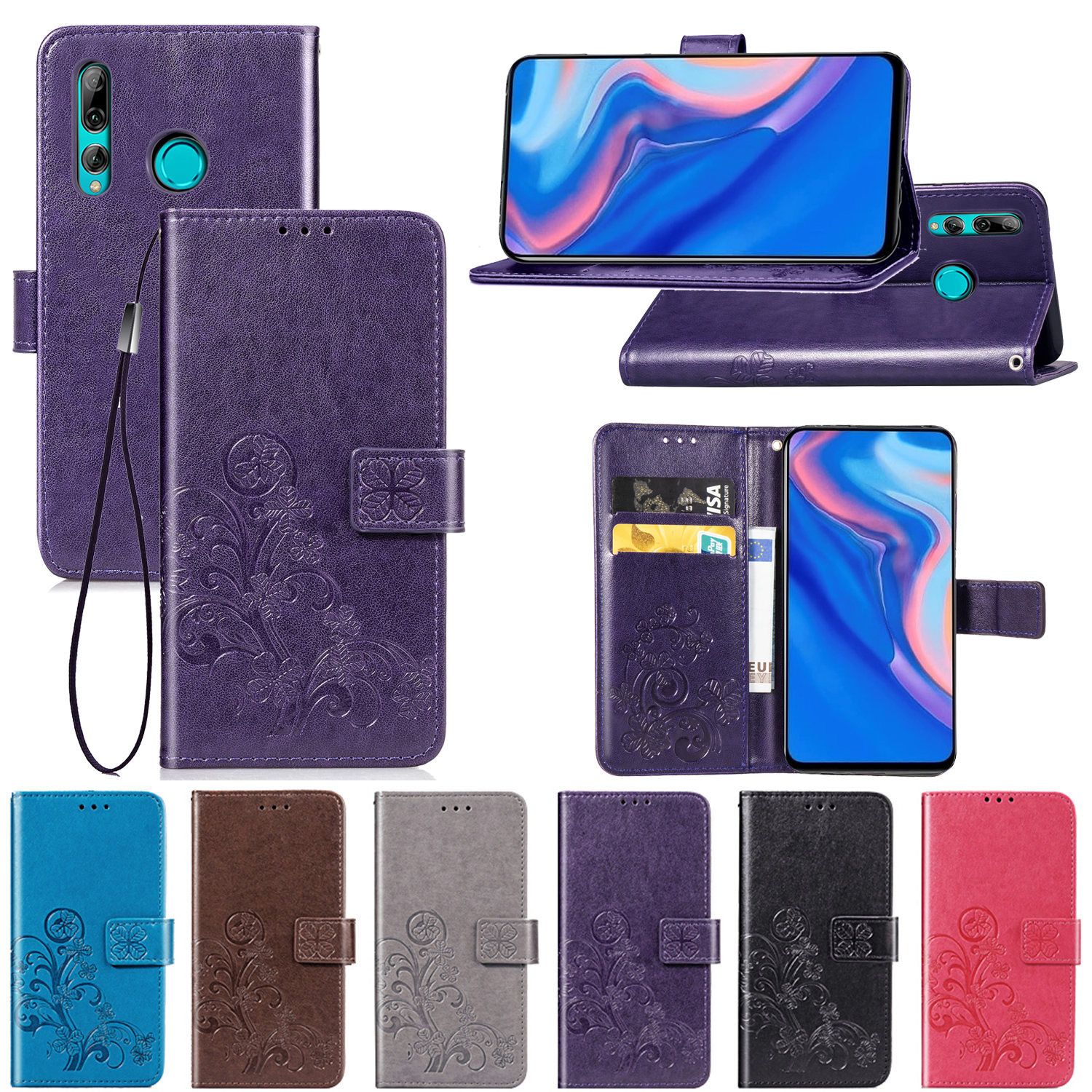 Suministro Al Por Mayor Para Huawei Y9 Prime 2019 Funda De Cuero PU Funda  De Cuero Lucky Four Clover Patrón Con Correa De La Mano De La Tarjetas De  La Cartera Y9