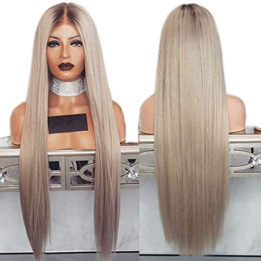 Fashion 180 Density Dark Roots Ombre Long Straight Ash Blonde Wig