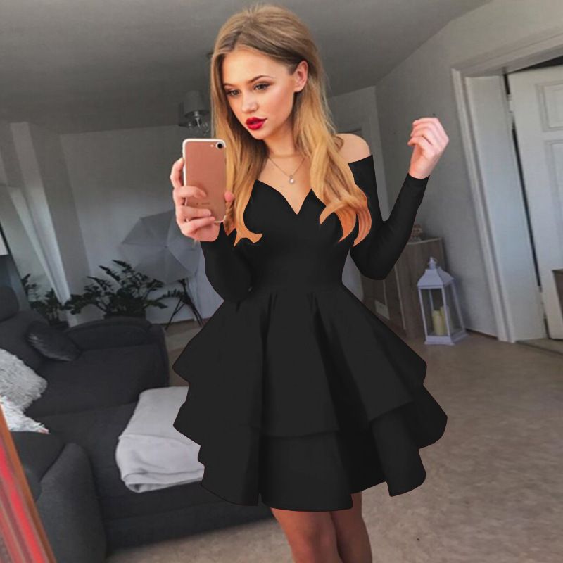 Compra Vestidos Elegantes Para Mujeres Vestidos Sólidos Para La Noche Club  Nocturno Vestidos Con Cuello En V Para Mujeres Fuera Del Hombro Manga Larga  Volantes Princesa Falda Negro Rojo Barato | Entrega