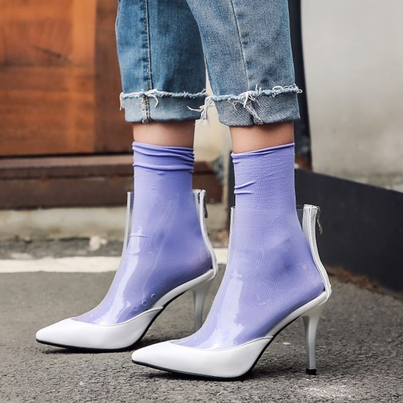 Venta caliente: nuevas mujeres transparentes botas de verano moda claro tacones altos botines punto punta