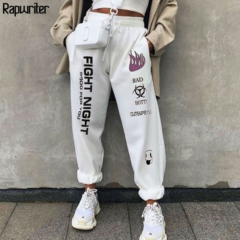 Rapwriter moda con cordón elástico cintura alta pantalones mujer 2019 Streetwear flojos Joggers