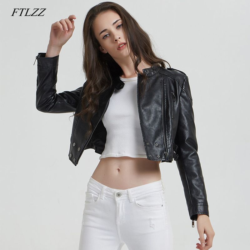 Cuero de mujer Faux FTlzz para Chaqueta Ropa de primavera Diseño corto Slim Capa