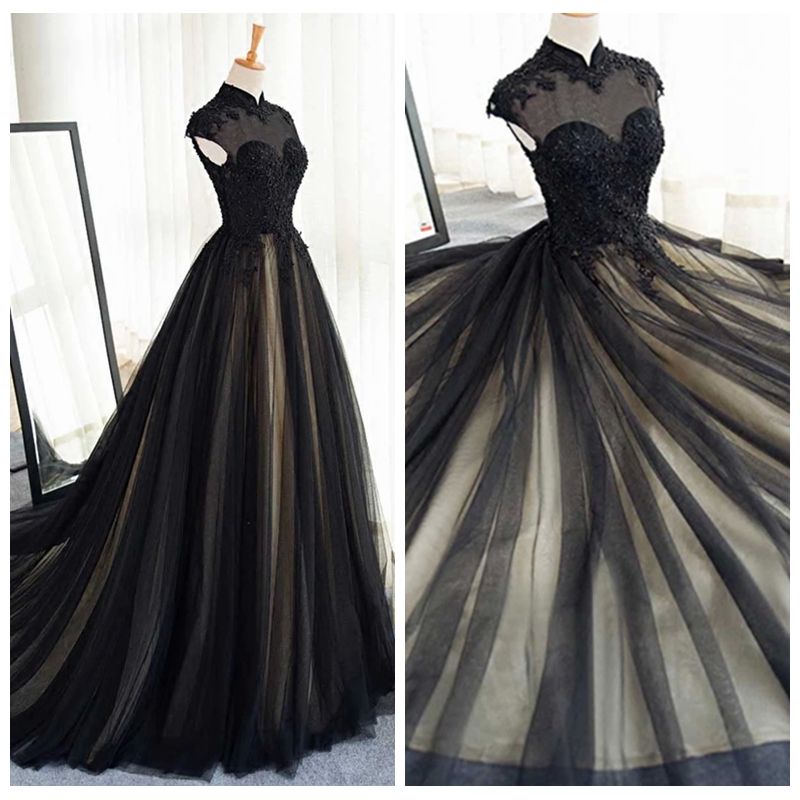 cap sleeve long black dress
