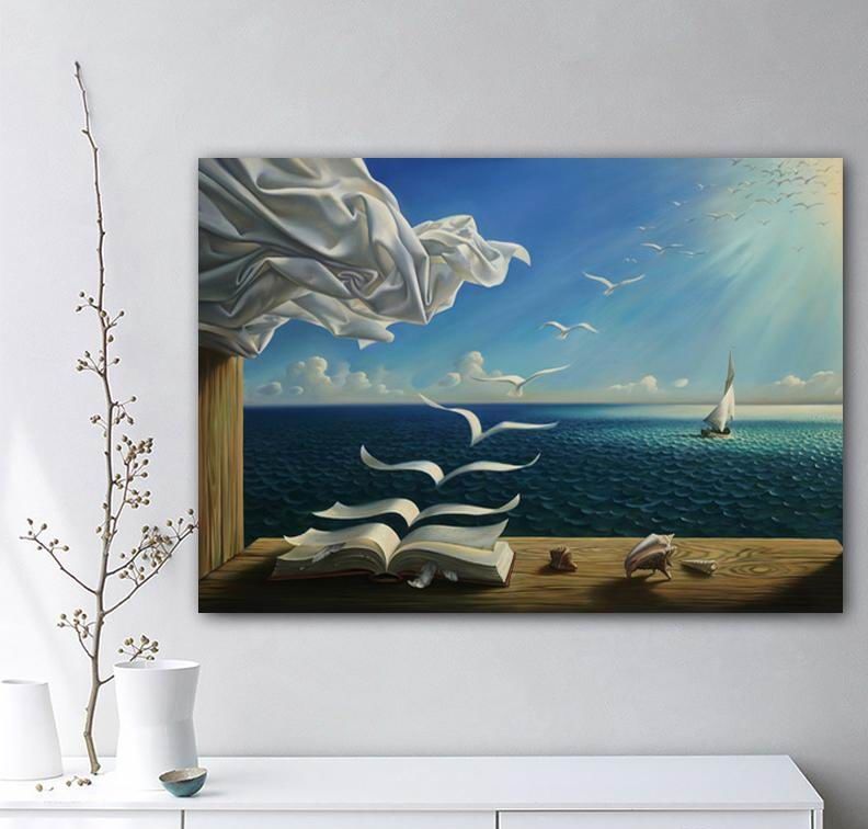 2020 099 Canvas Art Painting The Waves Book Sailboat Picture Wall