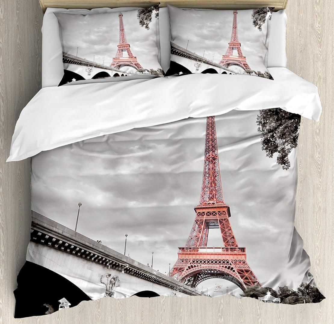 Paris City Decor Duvet Cover Set Queen Size Eiffel Tower Bridge