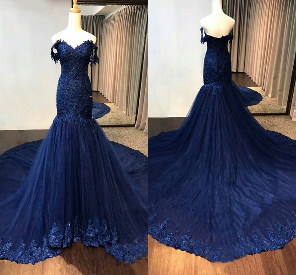 navy blue lace evening gown