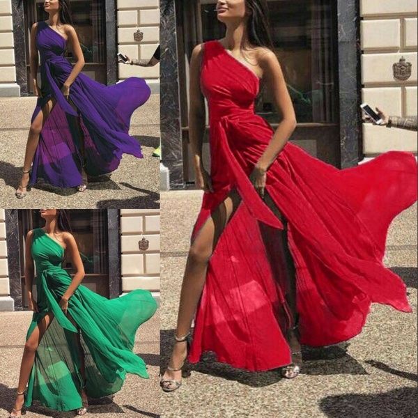 one shoulder tie waist high slit maxi dress