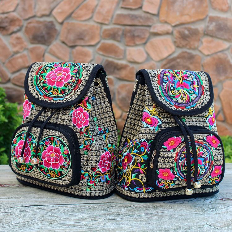 Vintage Embroidery Ethnic Backpack Travel Handbag Ethnic Bookbag Shoulder Backpack Hiking Travel Daypack Casual Bags