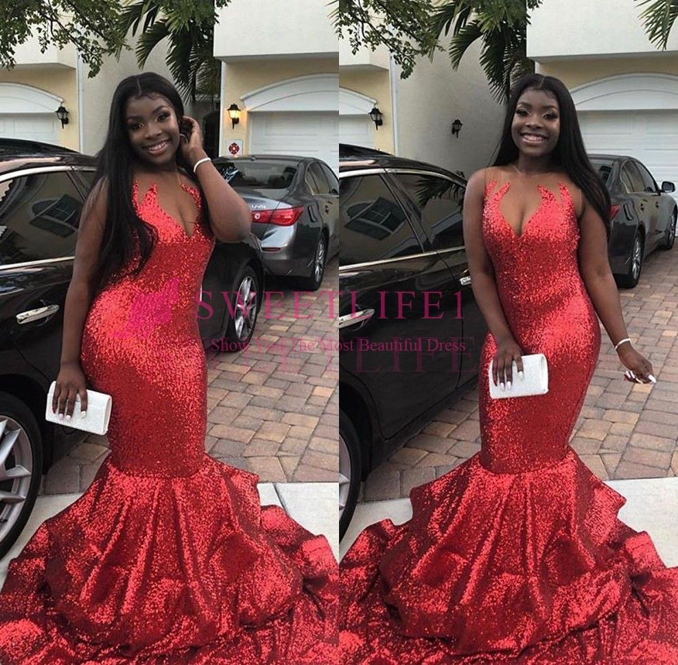 Compra Vestido De Gala Sexy Chicas Negras Sirena Roja Vestidos De Fiesta  2019 Lentejuelas Africano Africano Largas Pantallas De Fiesta Formal Barato  | Entrega Rápida Y Calidad | Es.Dhgate