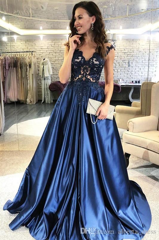 Vestidos De Noche Formales De Con Cuentas Apliques Vestidos Fiesta De Fiesta Azul Una De Vestidos De Noche Largo Del Casquillo De Sleevess Satén Elástico De 98,79 € | DHgate