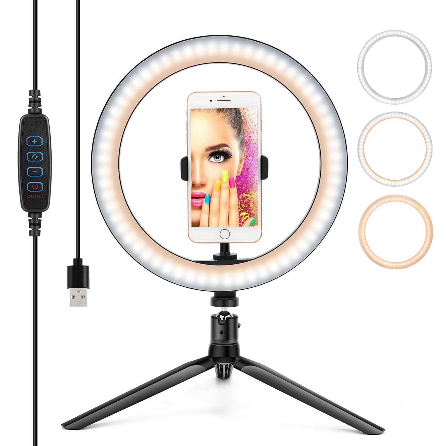 Luz de anillo LED Selfie, regulable belleza USB ajustable3 luces de color 10 pulgadas Ringlight