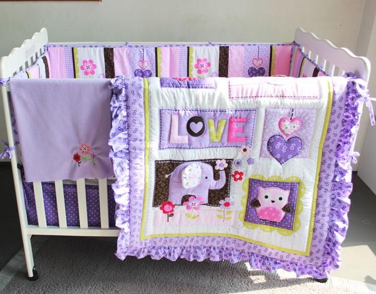 Purple 3d Embroidery Elephant Baby Bedding Set Baby Crib Bedding