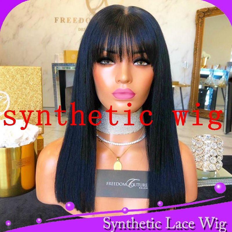 Mhazel Long Straight Fringe Hair Synthetic Glueless Front Lace Wig