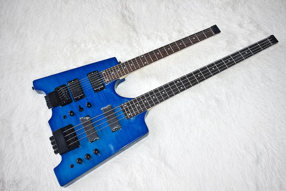 Factory Double Neck Blue Electric Bass And Guitar Without Headstock,4+6