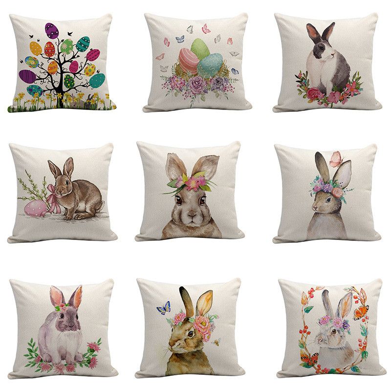Easter Pillow Case 45*45CM Bunny Rabbit Color Eggs Home Cotton Linen Throw Pillow Case Cushion