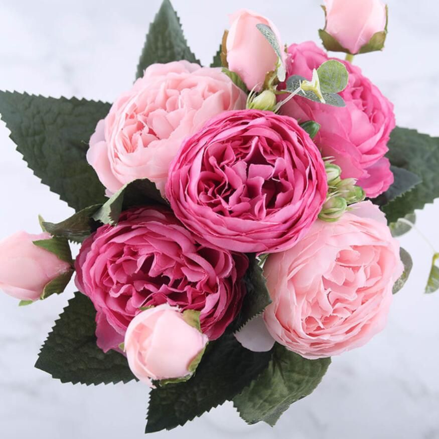 Fake Rose Artificial Silk Peony Pink Flowers Bridal Wedding Bouquet Home Decor