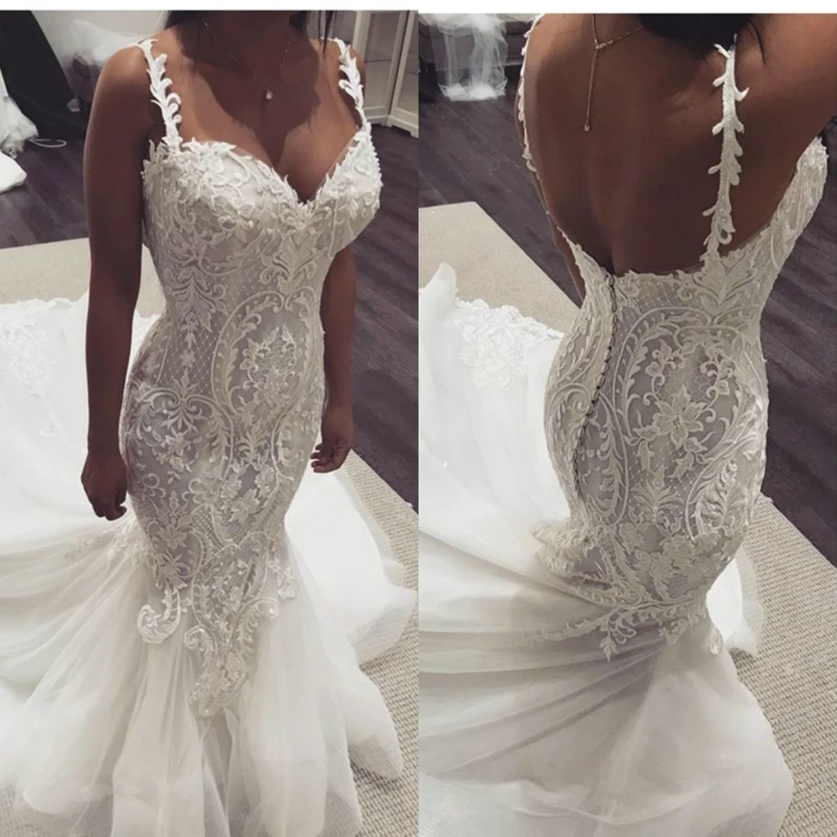 sleeveless lace mermaid wedding dress