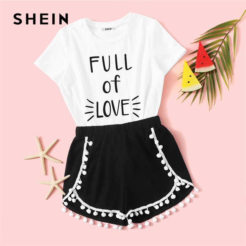 Acquistare SHEIN Kiddie T Shirt Con Stampa Lettere Bianche E Pantaloncini  Con Pompon Trim Set Casual 2019 Summer Cap Sleeve Wrap Child Two Piece Sets  Economico | Consegna Veloce E Qualità | It.Dhgate