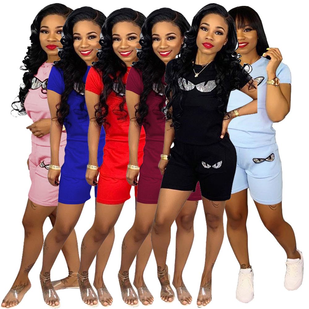 2020 Women Tracksuit Two Piece Outfits Short Sleeve Top Shorts Set