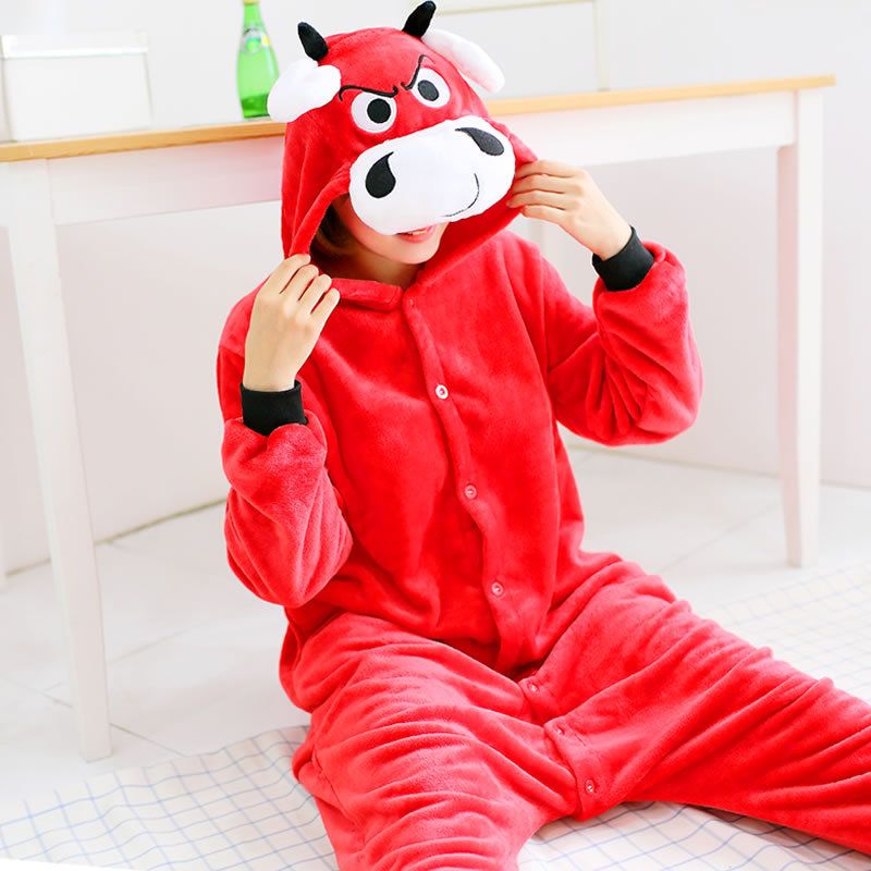 Winter Flannel Lovers Pijamas Animales Color Rojo Bull Hooded Mujer Hombre Onesie Pijamas Unisex Ropa De Dormir Cálida Ropa Tallas Grandes De 68,89 € | DHgate