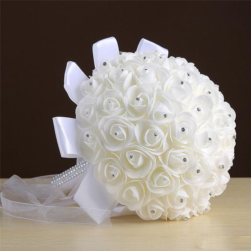 Amor puro rosa blanca flores artificiales de novia Ramos de novia Marfil  cinta de la boda