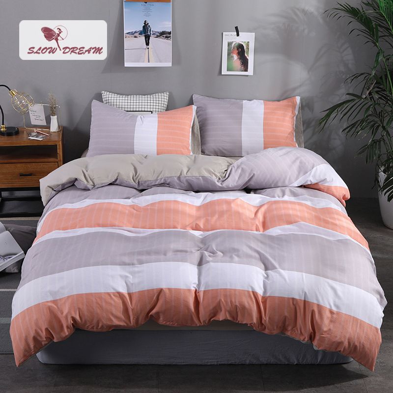 Slowdream Orange Striped Bedspread Sheet Duvet Cover Set Flat