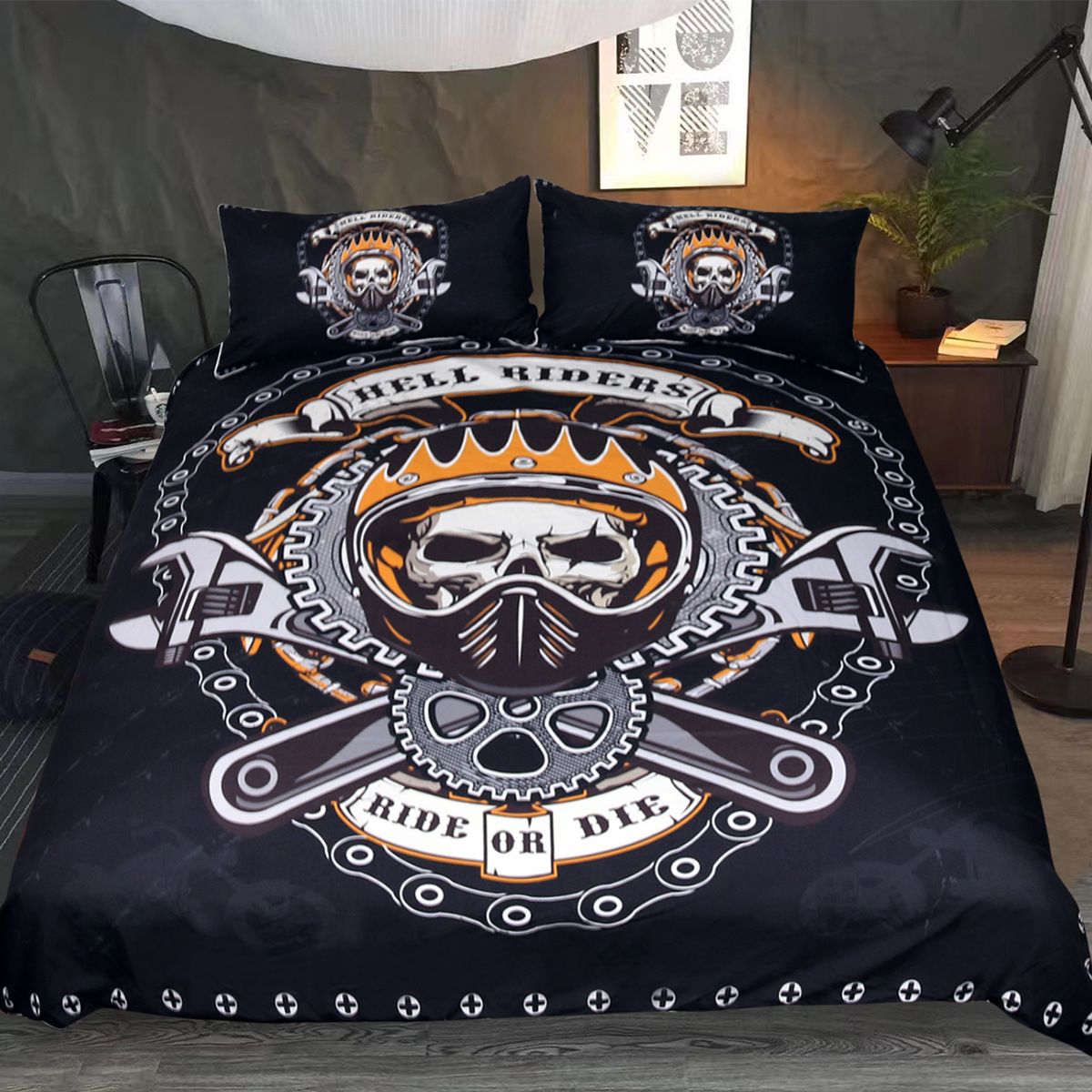 Mechanical Skull Bedding Set Gears Print Gothic Duvet Cover Set