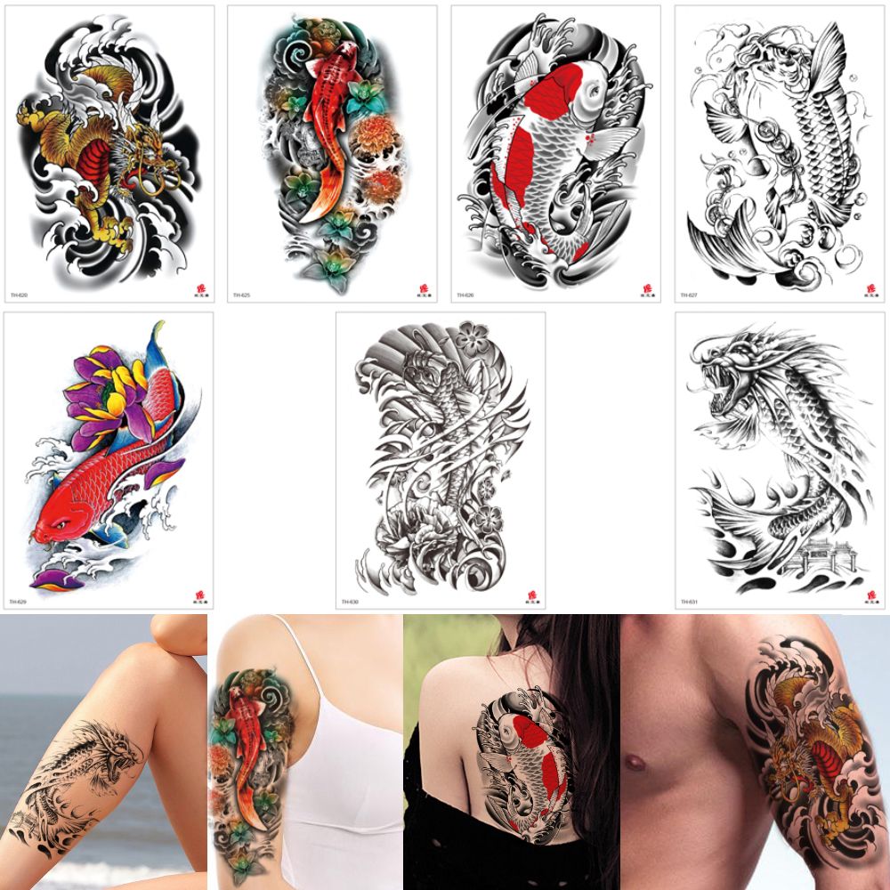 Fake Black Fish Temporary Tattoo Sticker Gold Dragon Colored Lotus  Waterproof Tattoo Decal Design for Woman Man Arm Leg Back Body Art Makeup