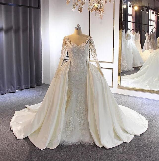 Compra 2020 Estilo Sirena De Lujo Del Brillo Vestidos De Novia Vestido De  Novia Árabe Con Sobrefalda Mangas De La Ilusión Del Tren Desmontable  Brillante Encaje De Cuentas Barato | Entrega Rápida