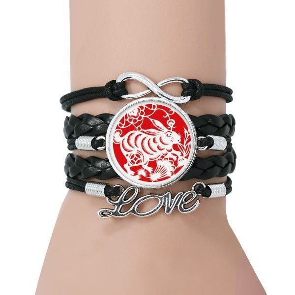Paper Cut Rabbits Animal China Zodiac Art Bracelet Love Black Twisted