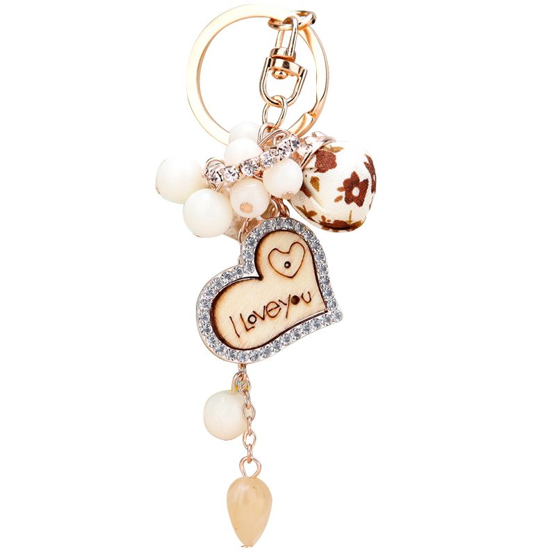 Lovely Rhinestone Fringed Love Key Ring Wood Tassel Car Keychain