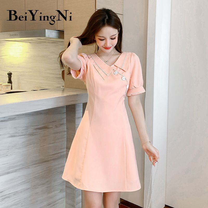 Beiyingni Pink Kawaii Mini Dress Women Solid Color Short Sleeve Buttons  Slim Sexy Kpop Sweet Vestidos