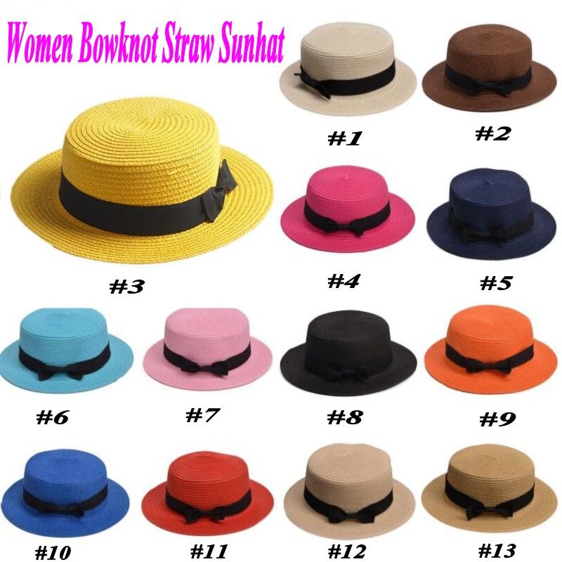 Simple Summer Beach Hat Female Casual Women Flat Brim Bowknot Straw Cap