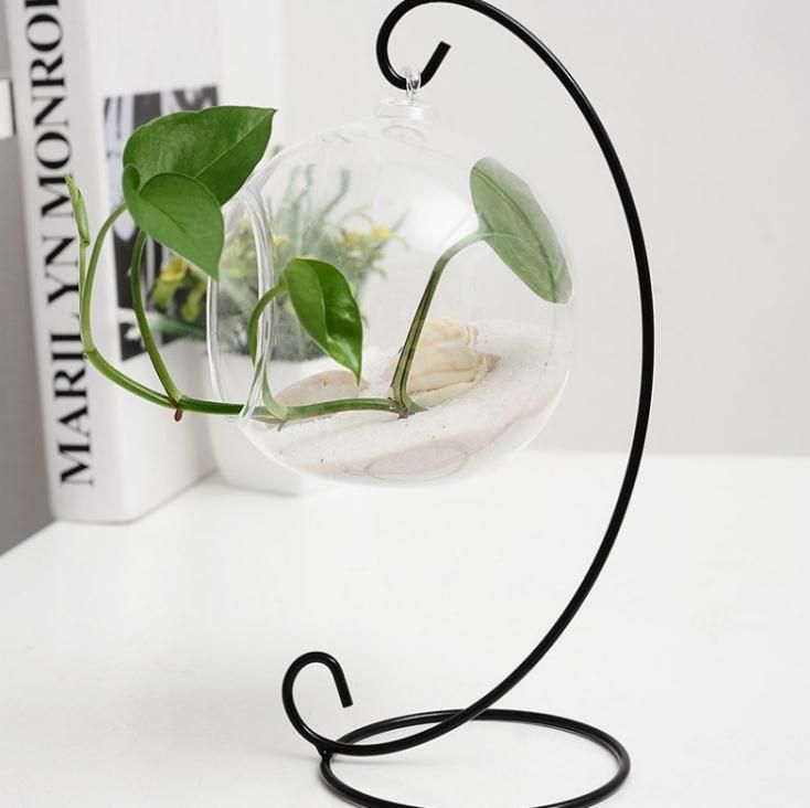 Set of 2 Black Iron Hanging Stand Rack Table Lantern Candle Glass Globe Gift...