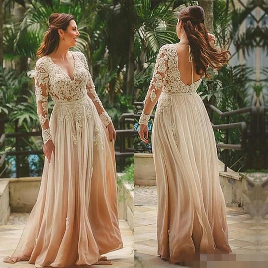 Blush Pink Bridesmaid Dresses Chiffon 2020 V Neck Long Sleeves Lace
