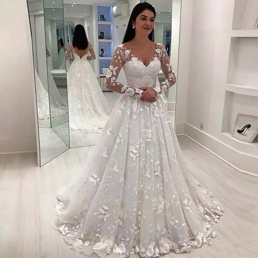 Discount Vintage Long Sleeves Lace Wedding Dresses 2020 3D ...